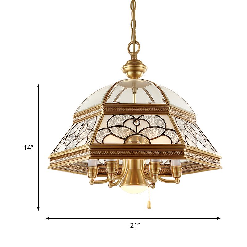 Sandblasted Glass Gold Chandelier Dome 6/7 Lights Colonialism Down Lighting Pendant for Living Room, 19.5"/21" W