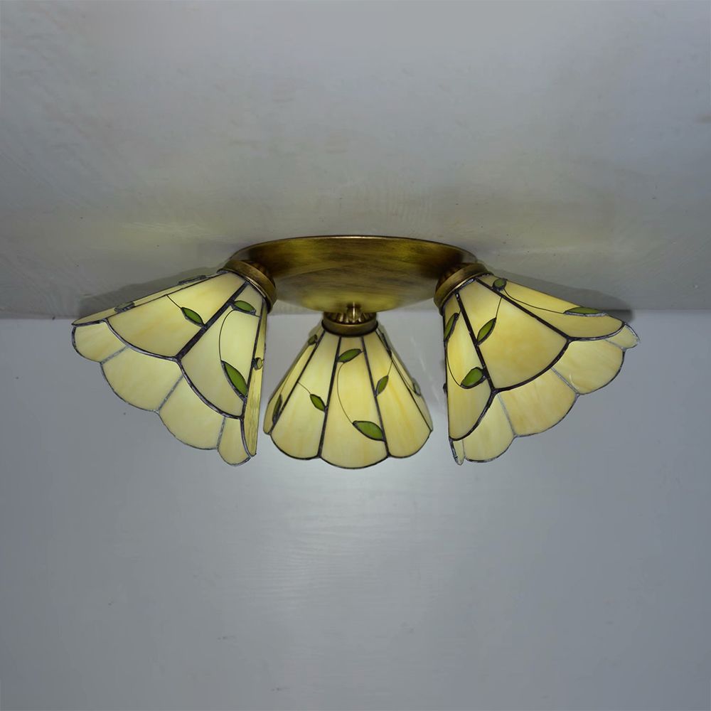 3 Heads Conic Ceiling Light Fixture Tiffany Stained Glass Flushmount Ceiling Light in Pink/Blue/Beige for Bedroom