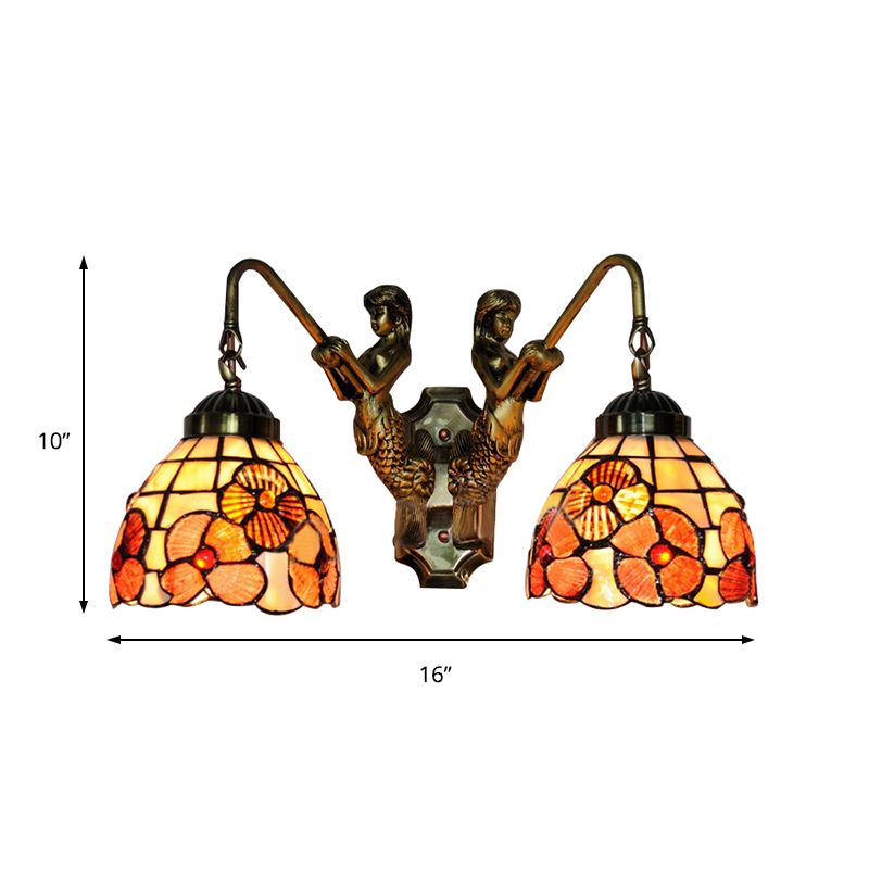 Pink Floral Wall Mounted Light Victorian 2 Lights Shell Sconce Light Fixture with Mermaid Decoration