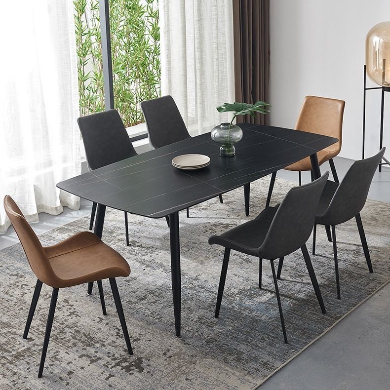 Sillas de comedor sin brazos de cuero tapizadas, sillas laterales con respaldo sólido con patas de metal