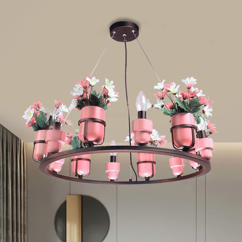 6 Bulbs Metal Chandelier Industrial Pink/Blue Circular Pendant Light Kit with Candle Design