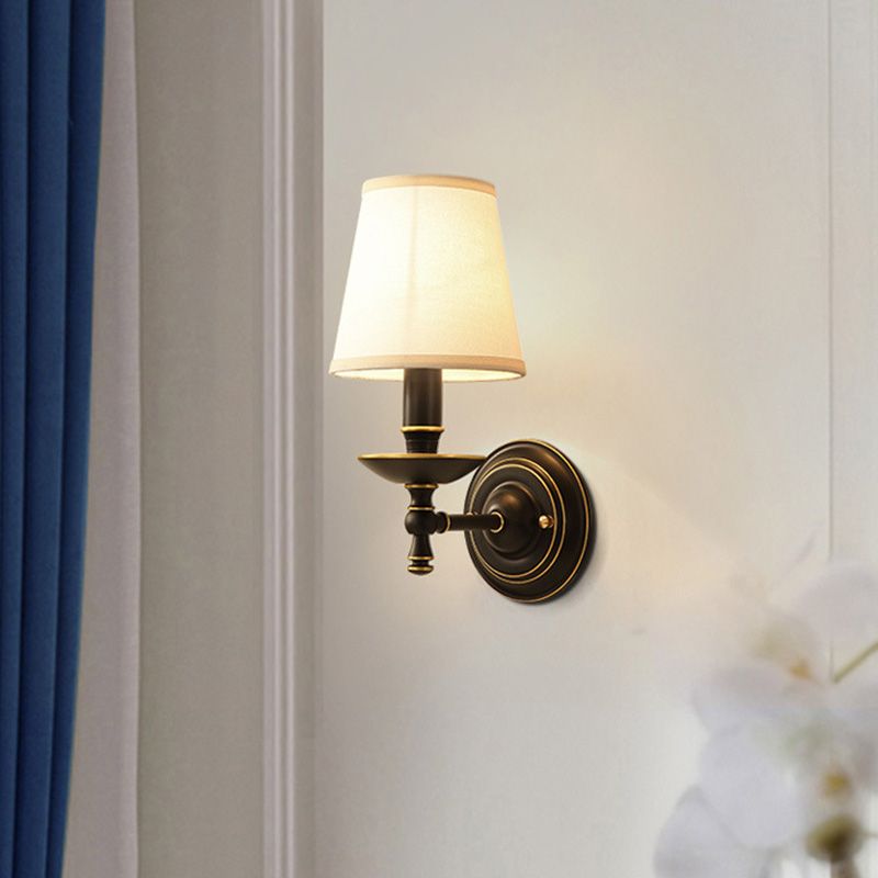 Single-Bulb Wall Sconce Vintage Candlestick Metal Wall Mounted Lamp with Tapered Fabric Shade in Black