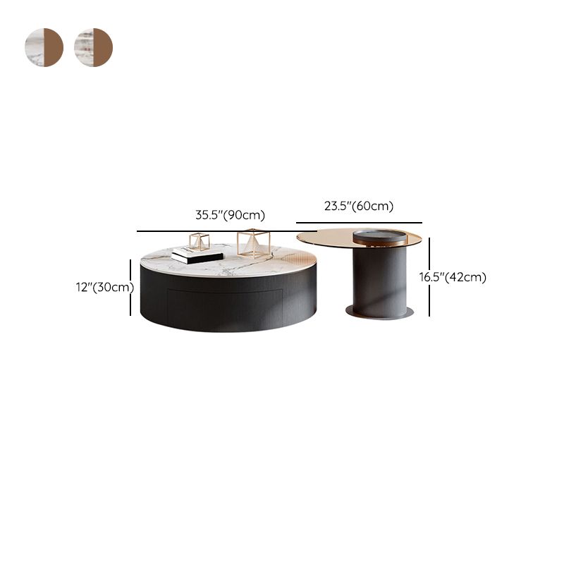 Round Nesting Coffee Table Pedestal Stone Cocktail Table with Drawer