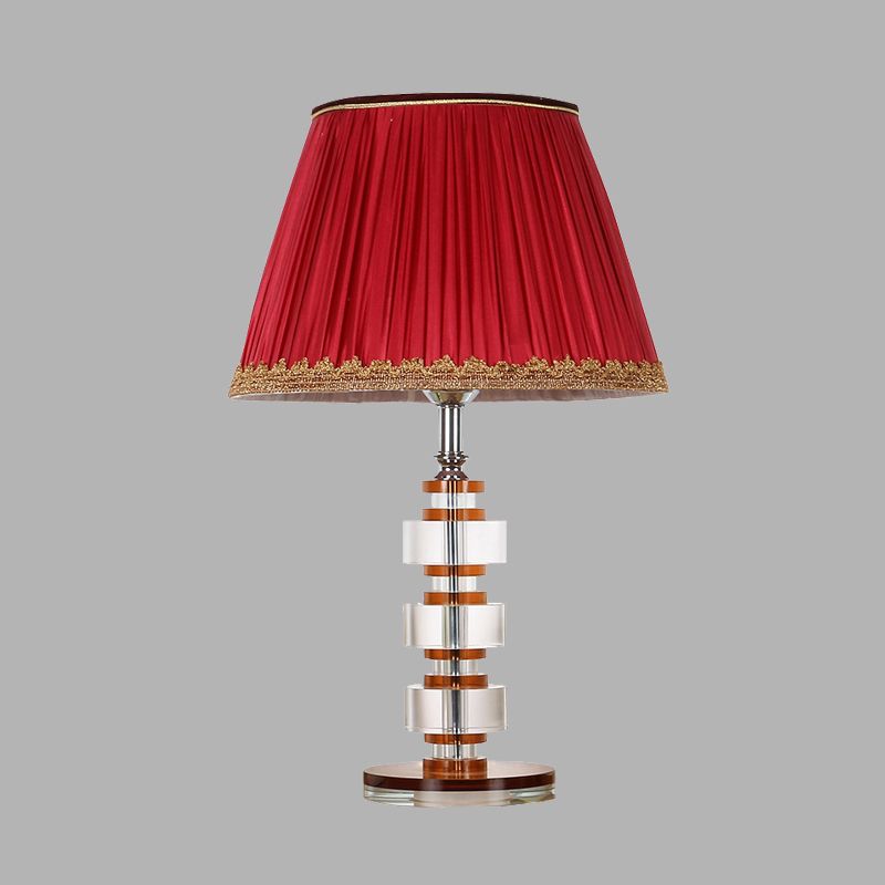 1 leichte Stofftischlampe Einfache rote, verjüngte Trommelschlafzimmer Nachttischlicht mit Kristallakzent