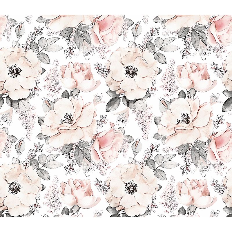 Romantic Grey and Pink Mural Wallpaper with Floral Design for Bedroom, Non-Woven Material