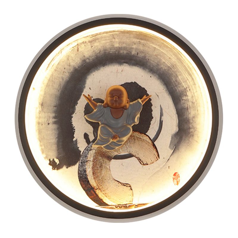 Asian Buddha Boy Mural Lamp Aluminum Bedroom LED Wall Mounted Lighting with Halo Ring in Black
