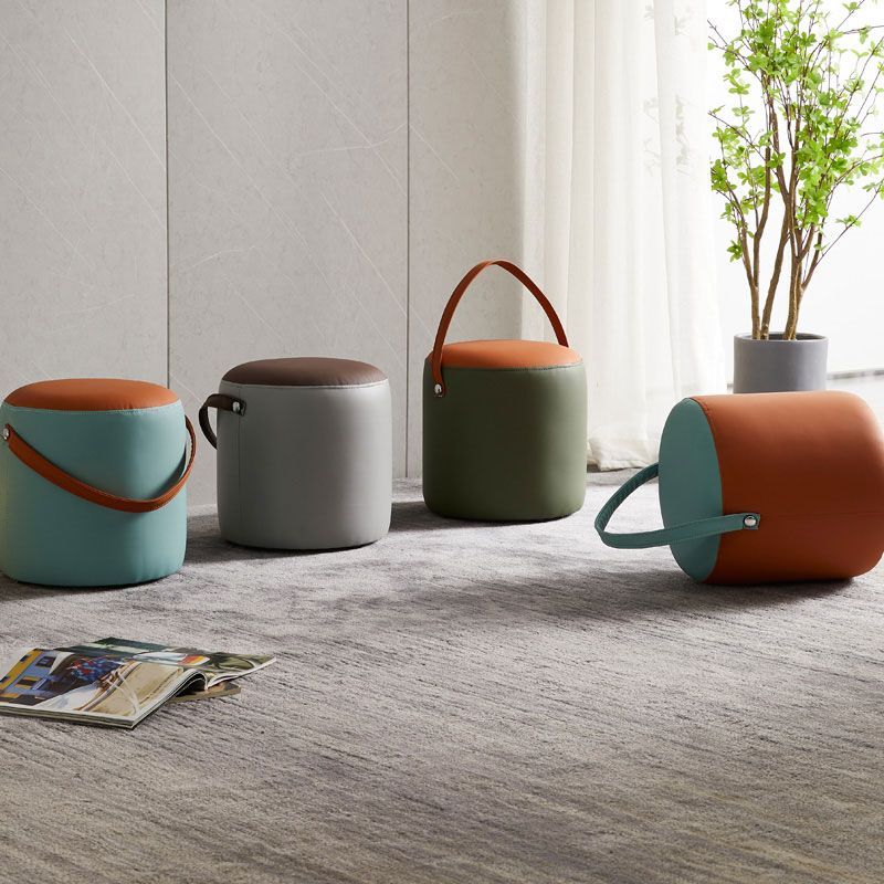 Contemporary Pouf Ottoman Genuine Leather Upholstered Portable Ottoman