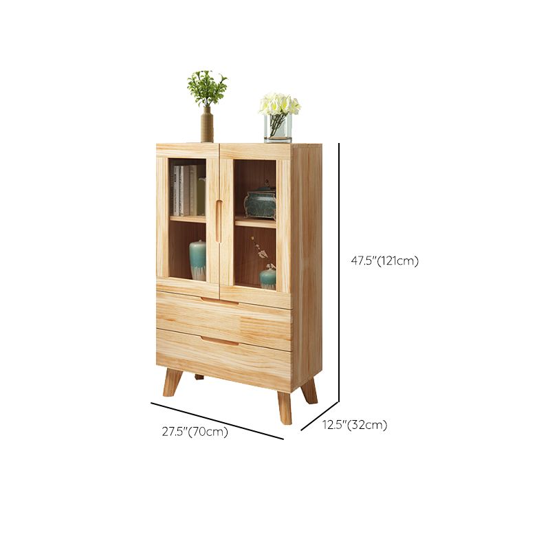 Pine Wood Glass Paned Accent Cabinet 47.6" Tall Natural Storage Chest