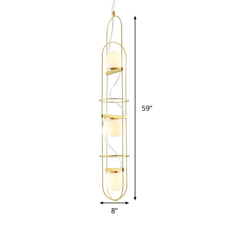 Weiße Glaskugel hängende Decke Licht moderne 3 Köpfe Gold Kronleuchterbeleuchtung mit ovalem Metallrahmen