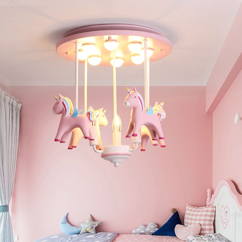 Plafonnier licorne arc-en-ciel en résine, 11 ampoules, luminaire Semi-affleurant pour chambre d'enfant