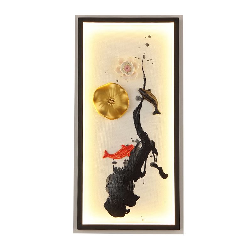 Chinese Ink Lotus Pond Mural Light Metallic Living Room LED Wall Sconce Lighting in Black