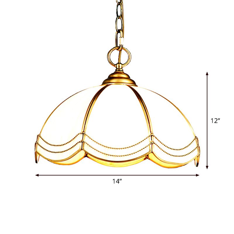 1 Head Textured White Glass Pendant Lamp Traditional Brass Scalloped Bedroom Hanging Ceiling Light