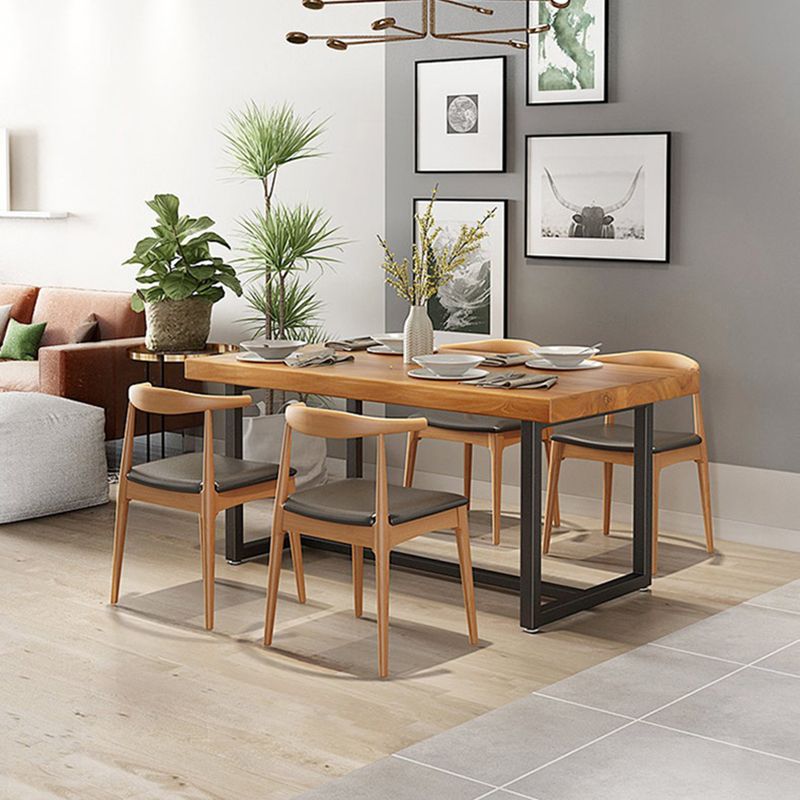 Natural Pine Wood Top Table Rectangle Black Iron Trestle Base Dining Table without Chair