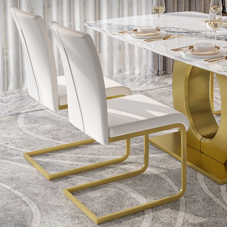 Luxury Sintered Stone Dining Table Rectangle White Table with Metal Pedestal in Gold