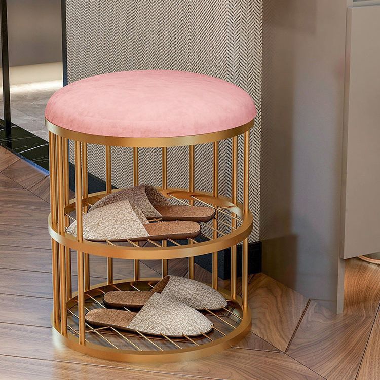 Industrial Cylinder Shape Ottoman Plain Velvet Metal Frame Shelved Storage Pouf