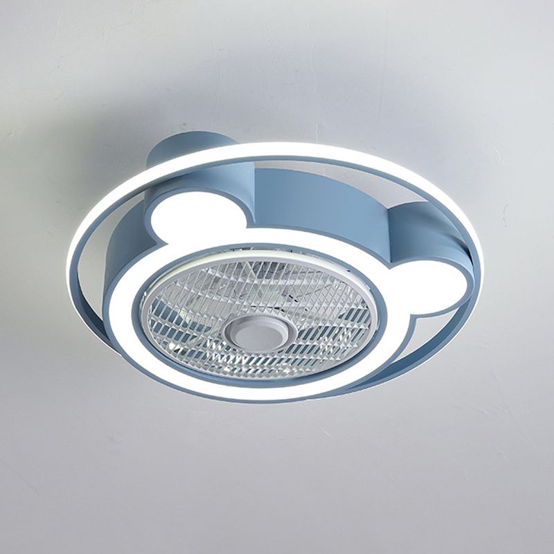 Modernism Bear Head Pendant Fan Lamp 21.5" Wide LED Acrylic Semi Flush Mounted Light in Pink/Blue with Ring