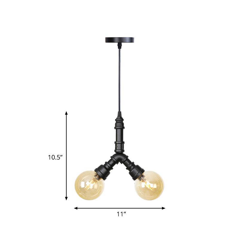 2/3/4-Bulb Chandelier Antiqued Coffee House LED Ceiling Pendant Light with Sphere Amber Glass Shade in Black