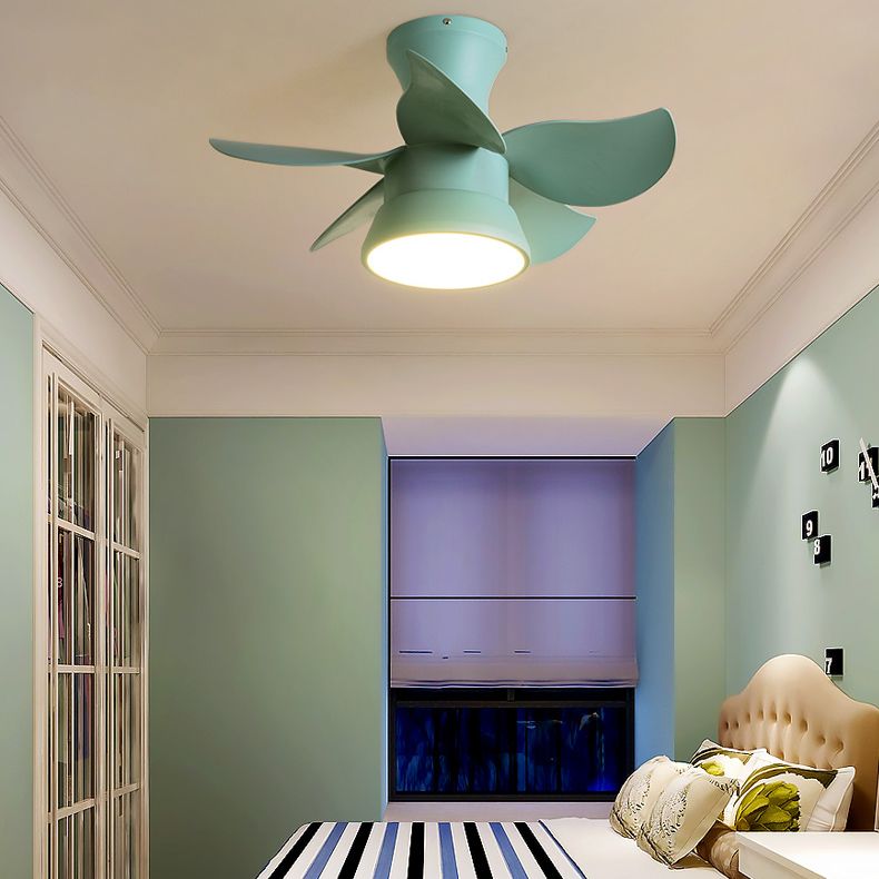 Macaron Style Ceiling Fan Lamp Frequency Conversion Kids Room LED Semi Flush Light