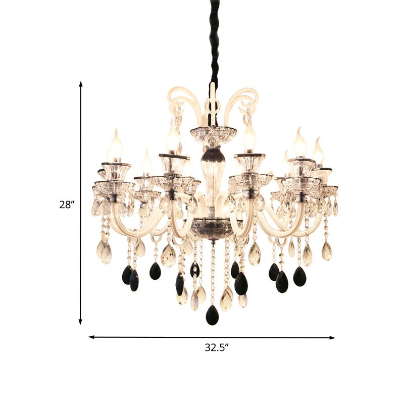 Vintage Candlestick Chandelier Lighting 10 Lights Clear and Black Crystal Pendant with Swooping Glass Arm