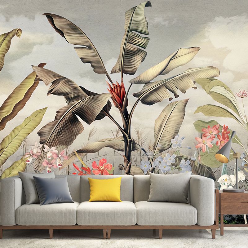 Big Illustration Nordic Wall Mural for Guest Room with Banana Leaf and Blossoms Design in Green