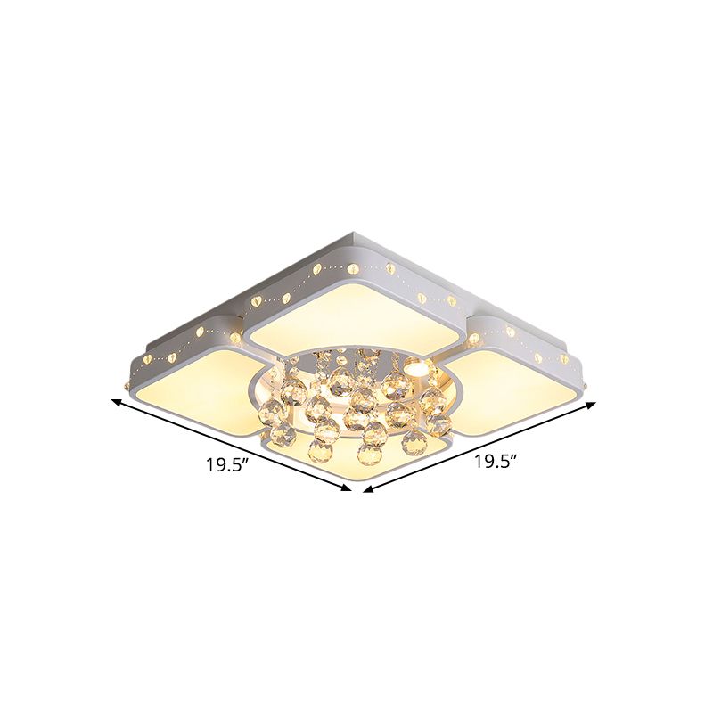 Square Close to Ceiling Lighting Modernist Metal LED Bedroom Flush Mount Light with Crystal Droplet in White, 19.5"/23.5" W