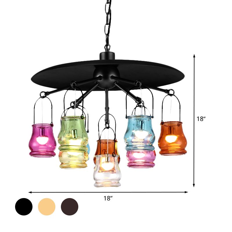Industrial Can Pendant Lighting 10 Heads Arc Colorful Glass Chandelier Lamp Fixture in Black/Rust/Gold with Flat Metal Top