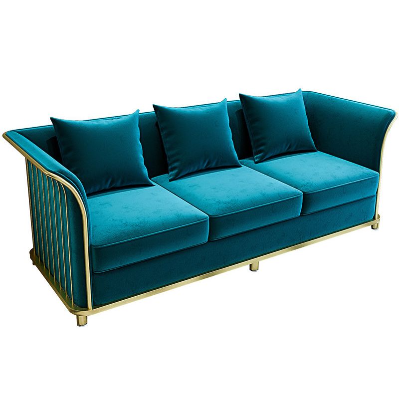 27.5" H Contemporary Blue Velvet Tuxedo Arm Sofa with Pillows