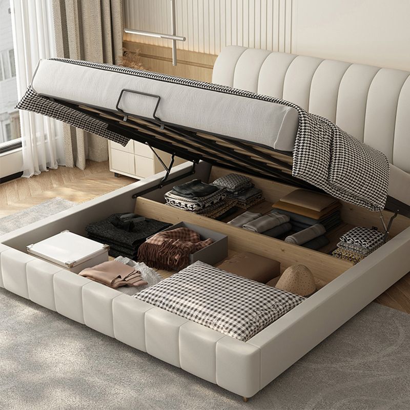 Wood and Upholstered Standard Bed with Headboard Panel Bed in Beige