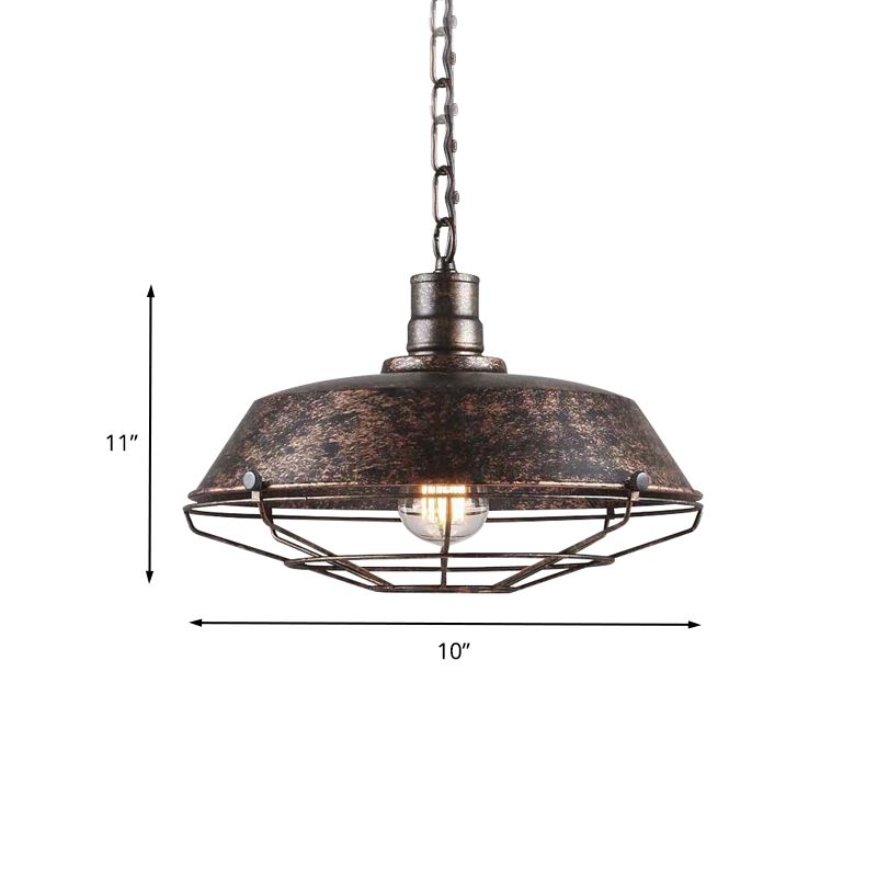 Rustic Stylish Wire Cage Pendant Light with Barn Shade 1 Light Iron Ceiling Light Fixture in Antique Brass/Rust, 10"/14"/18" Width