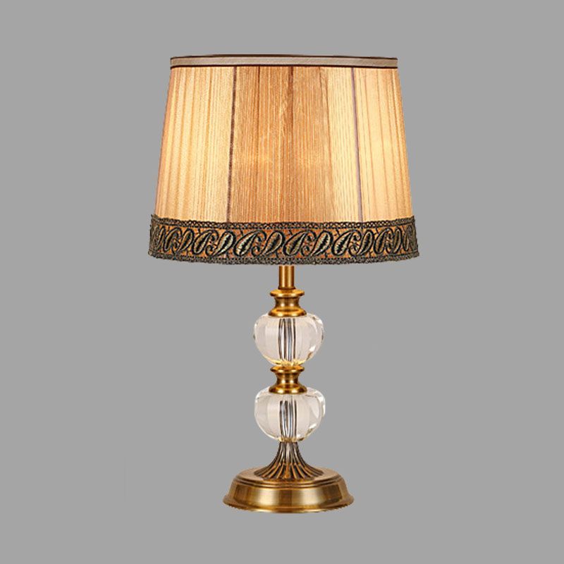 Rustic Drum Night Light Single Bulb Fabric Table Lamp in Beige for Bedroom with Crystal Ball