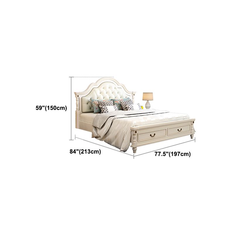 Victorian White Wooden Bed with Camelback Headboard and Nailhead Trim