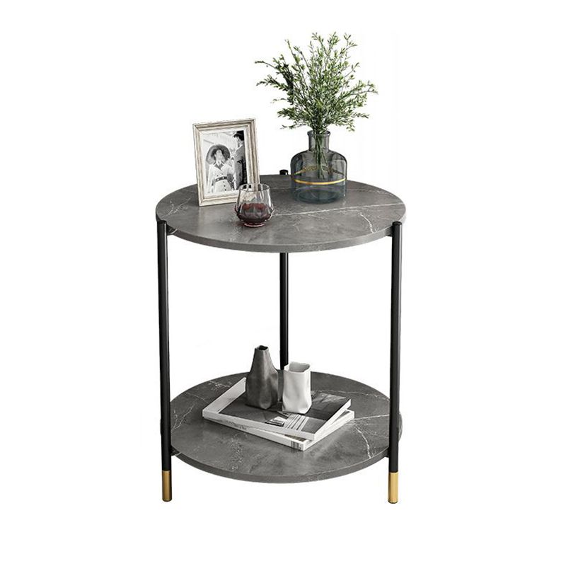 Faux Stone Round End Table Shelf Included Side Table in Black/Grey