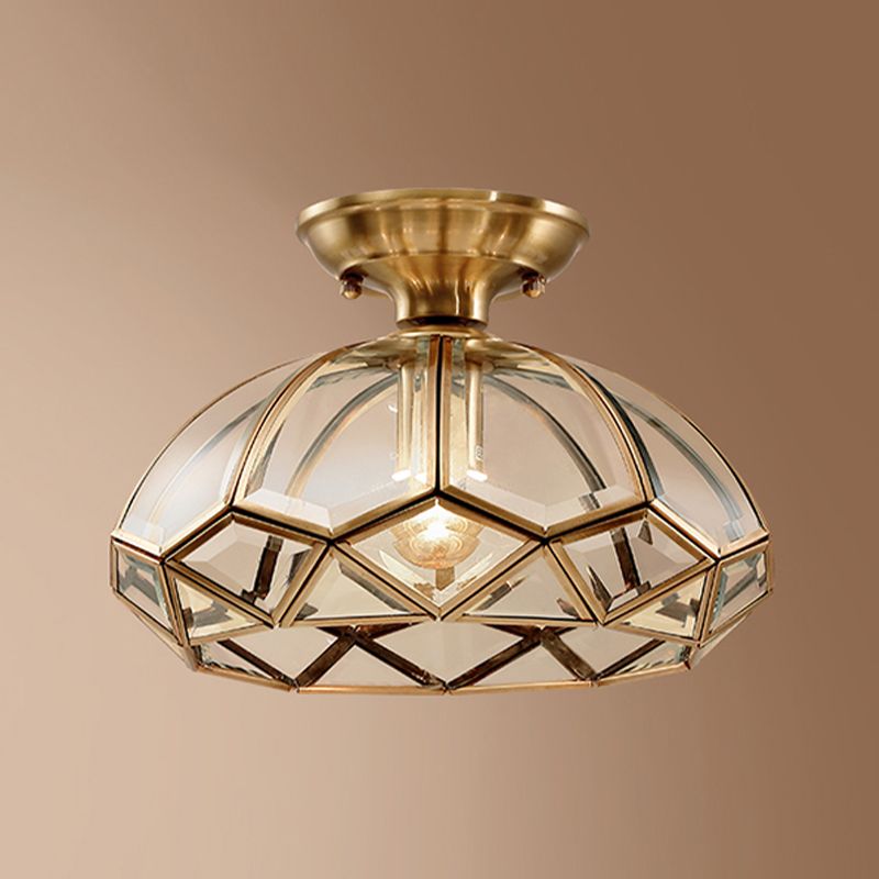 Shaded Aisle Semi Mount Lighting Vintage-Style Glass Brass Ceiling Mounted Light