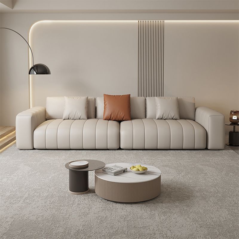 Contemporary Genuine Leather White Pillows Square Arm Settee