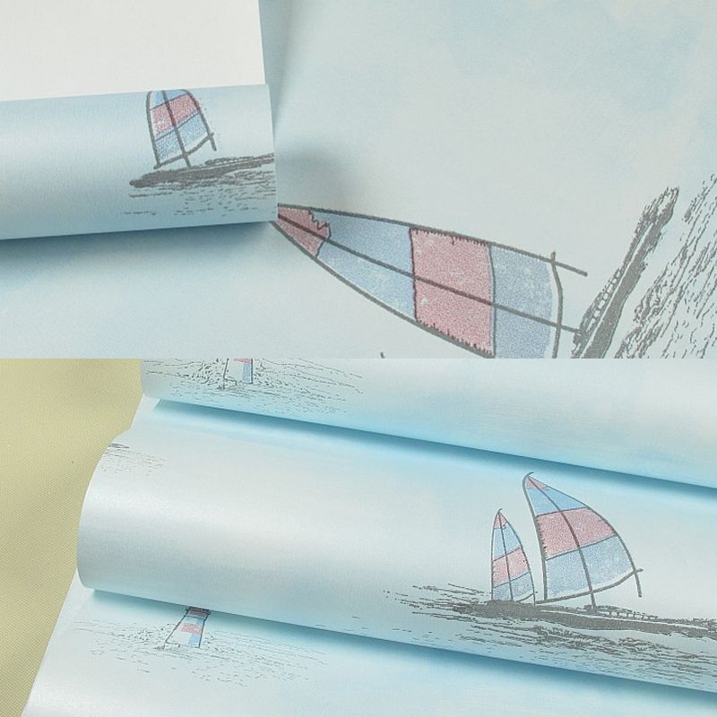 Nautical Sailboat Wallpaper Roll Novelty Smooth Wall Decor for Childrens Playroom