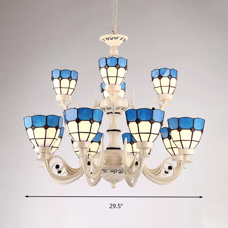 12 Lights Grid Patterned Chandelier Lighting Fixture Baroque White Stained Glass Pendant Light Kit