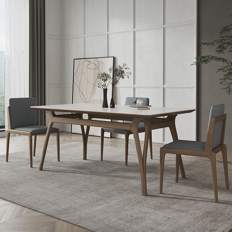 Mesa de comedor rectangular de piedra sinterizada Tapa de piedra blanca con base de madera y 4 patas