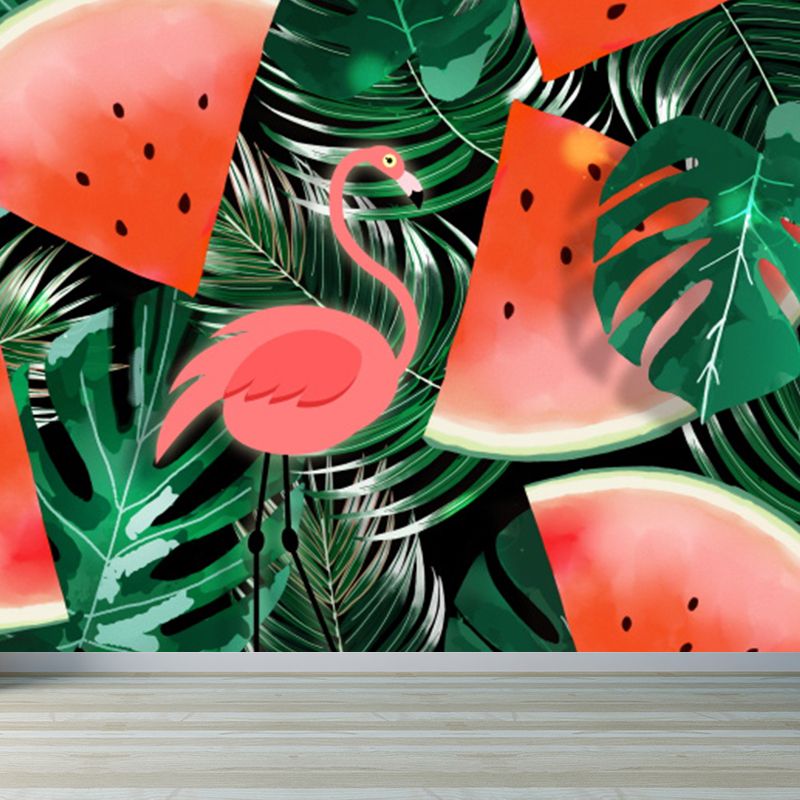 Red Flamingo and Leaves Mural Decal for Decoration Tropical Living Room Wall Art