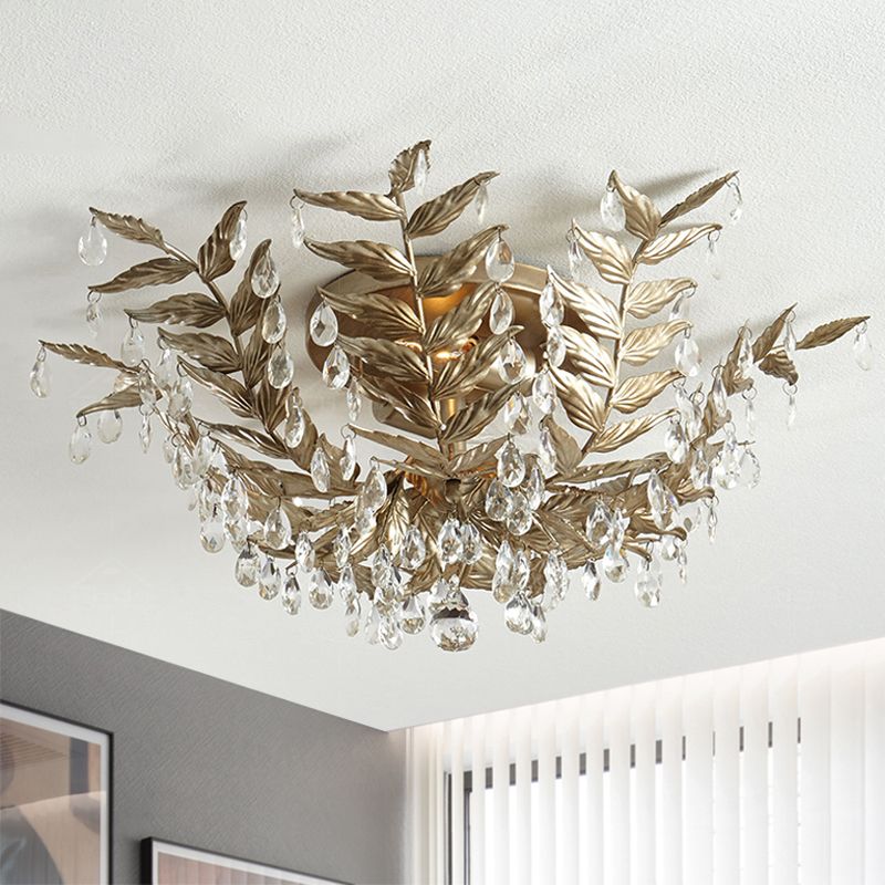 Crystal Orb Gold/Black Semi-Flush Mount Leaf 10 Heads Classic Style Close to Ceiling Light for Bedroom