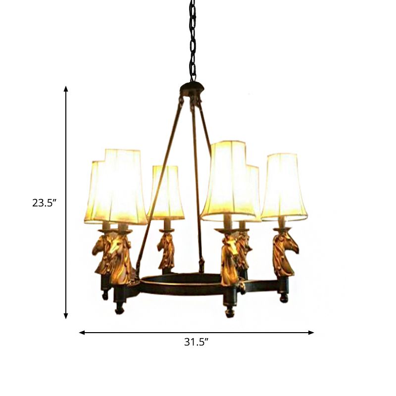 6/8 Lights Hanging Lamp Country Tapered Fabric Chandelier Lighting Fixture in White for Dining Room with Horse Head Deco