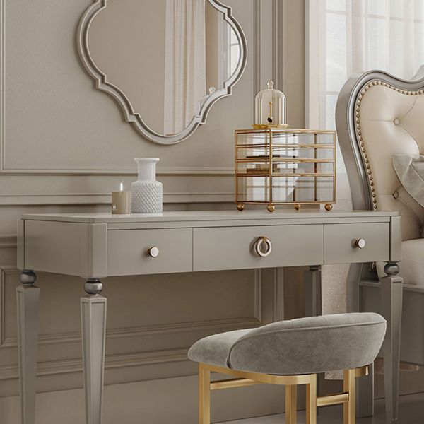 Gray Solid Wood 3-Drawer Makeup Vanity Desk Table with Stool Set