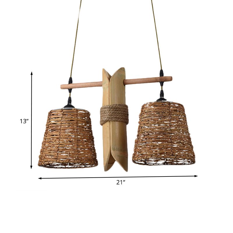 Rope Barrel Hanging Chandelier Farmhouse 2 Lights Restaurant Pendant Lamp in Beige with Bamboo Panel Deco