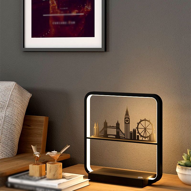 Art Decor Rectangular Night Table Lamp Bedside Black LED Wireless Charger with USB Port