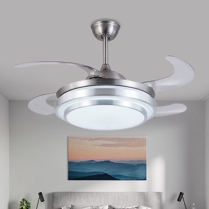 Zilveren ring plafondventilator lamp hedendaagse metalen led 36 "w slaapkamer semi spoeling montage verlichtingsarmatuur met 4 messen, externe/wandregeling/afstandsbediening en wandregeling