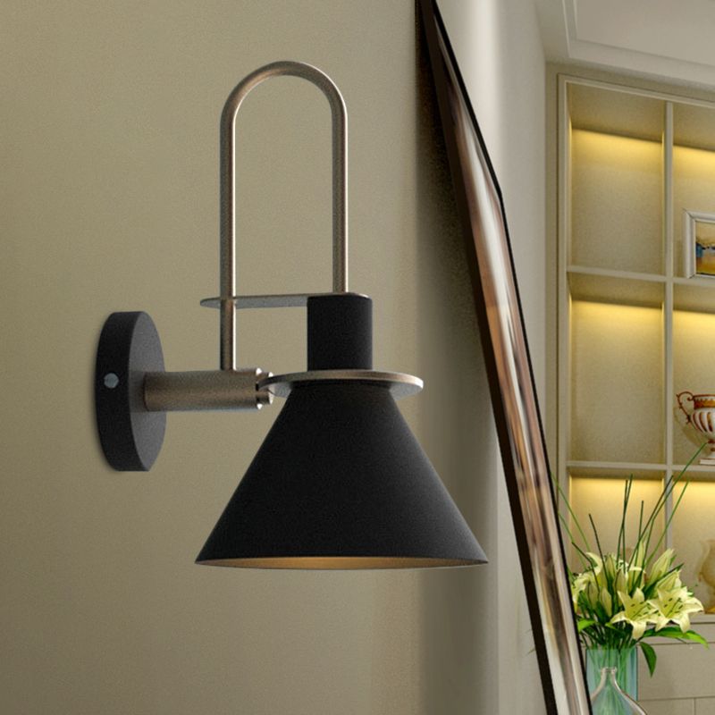 1-Light Sconce Light Fixture Antiqued Cone Metal Wall Mount in White/Black/Green with Handle for Bedside