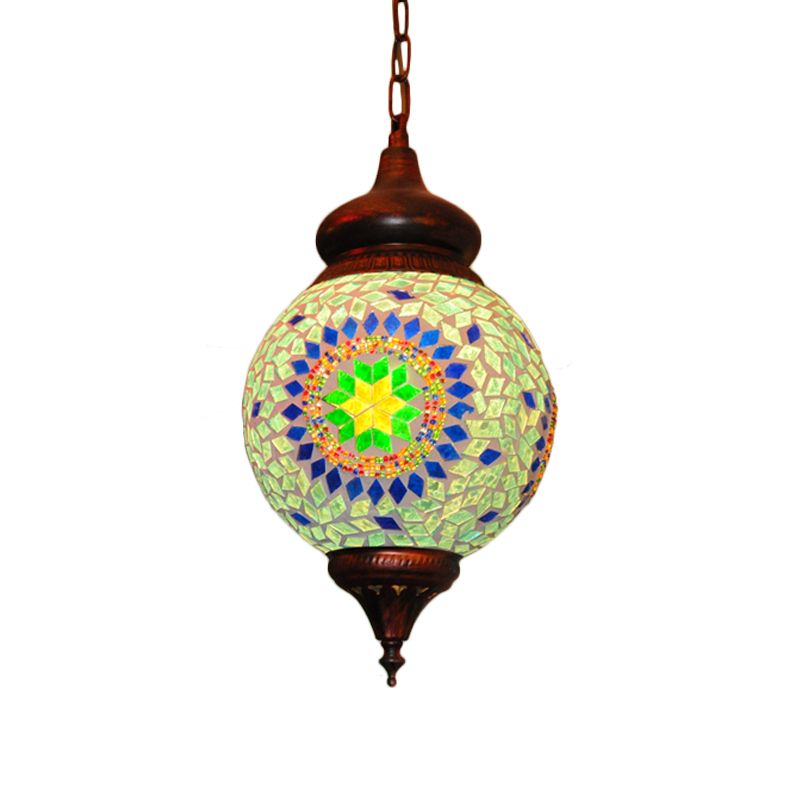 1 Bulb Orb Pendant Light Traditional Green Stained Glass Hanging Lamp for Living Room