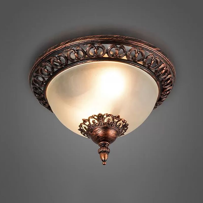 Bowl Living Room Flush Mount Lighting Traditional Frosted Glass 2 Heads Rust Metal Ceiling Light Fixture