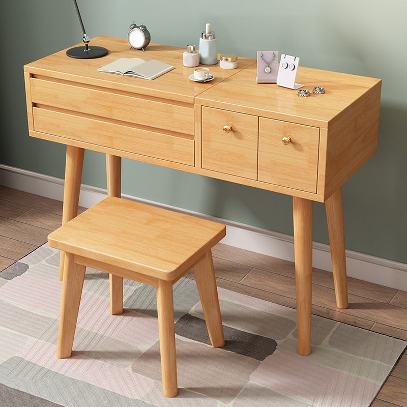 Solid Wood Mirrored Vanity Desk with 3 Drawers Flip-Top Dresser with Stool