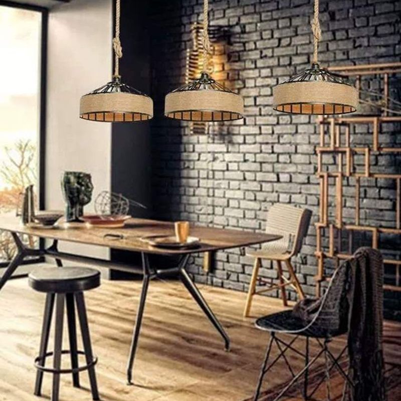 Rope Drum Pendant Light Fixture Warehouse-Style Restaurant Hanging Light Kit in Beige