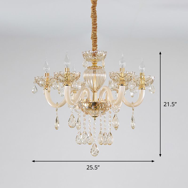 6-Light Candelabra Chandelier Lighting Contemporary Gold Finish Crystal Glass Pendulum Lamp